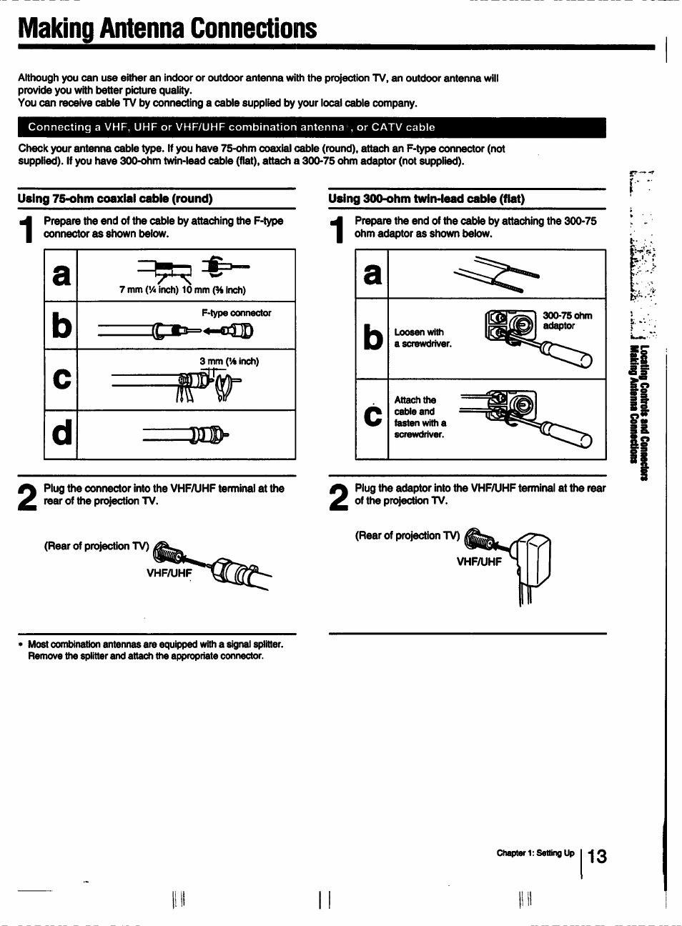 Using 75ohm coaxial cable (round), Using 300-ohm twin>lead cable (fiat), Making antenna connections | Sony KP-53V15 User Manual | Page 13 / 76