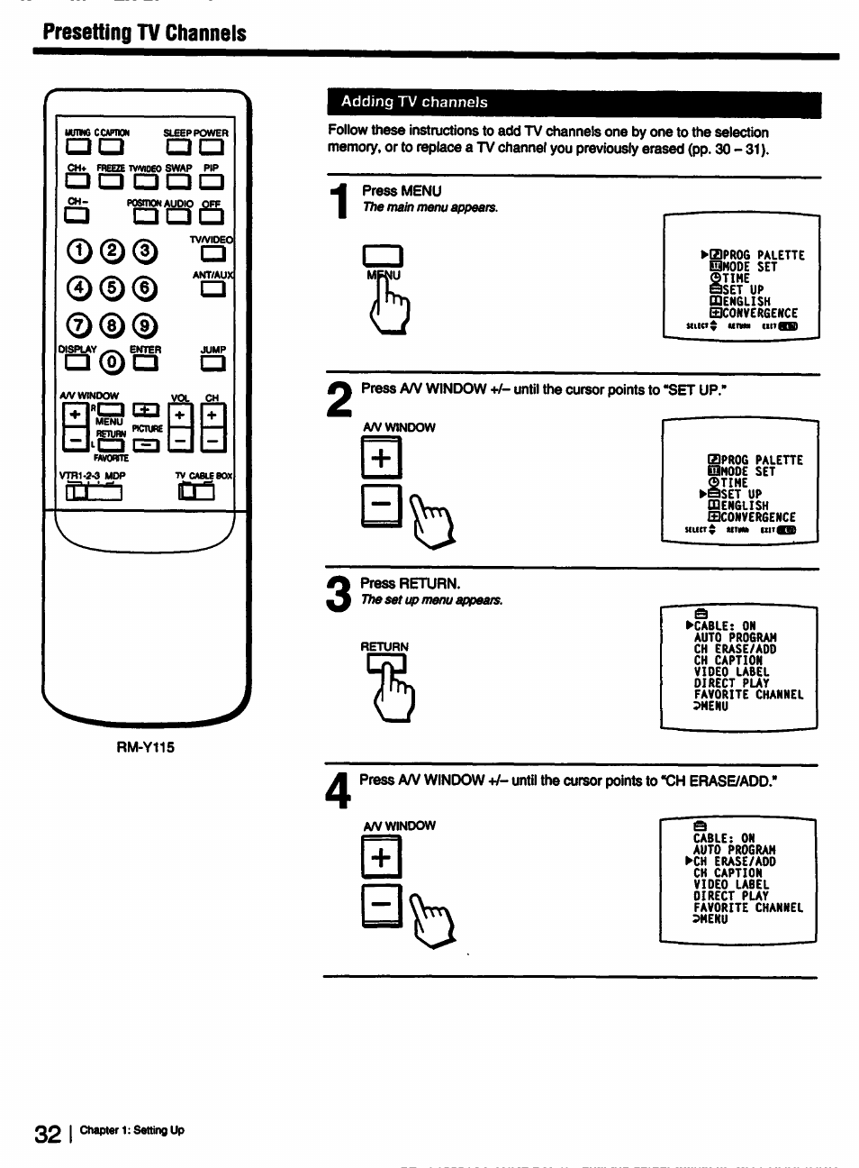 Presetting tv channels, O 0c3, Rm-y115 | Press menu, Press return | Sony KP-53V15 User Manual | Page 32 / 76