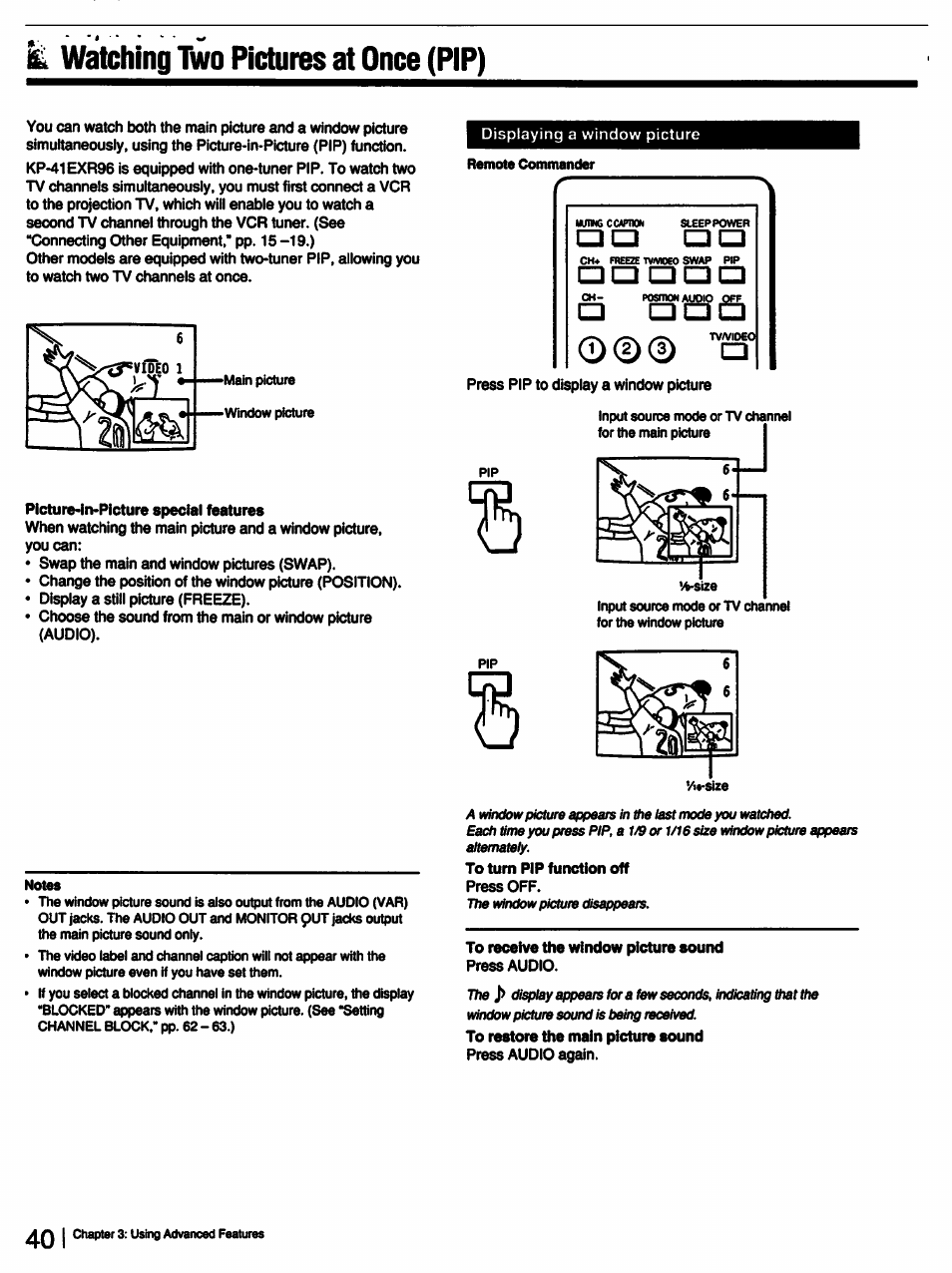 Watching two pictures at once (pip) | Sony KP-53V15 User Manual | Page 40 / 76