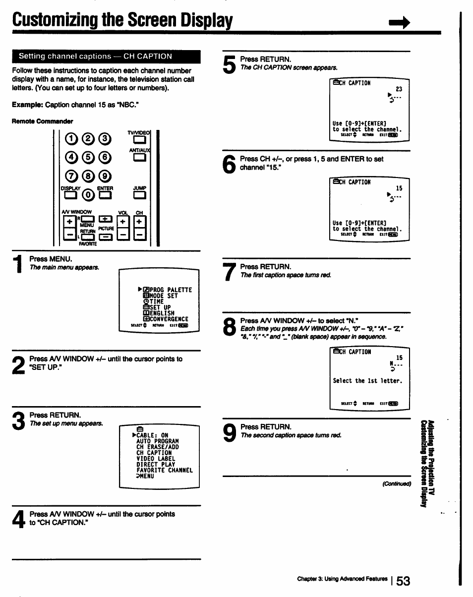 Customizing the screen display, L=j c=) cei | Sony KP-53V15 User Manual | Page 53 / 76