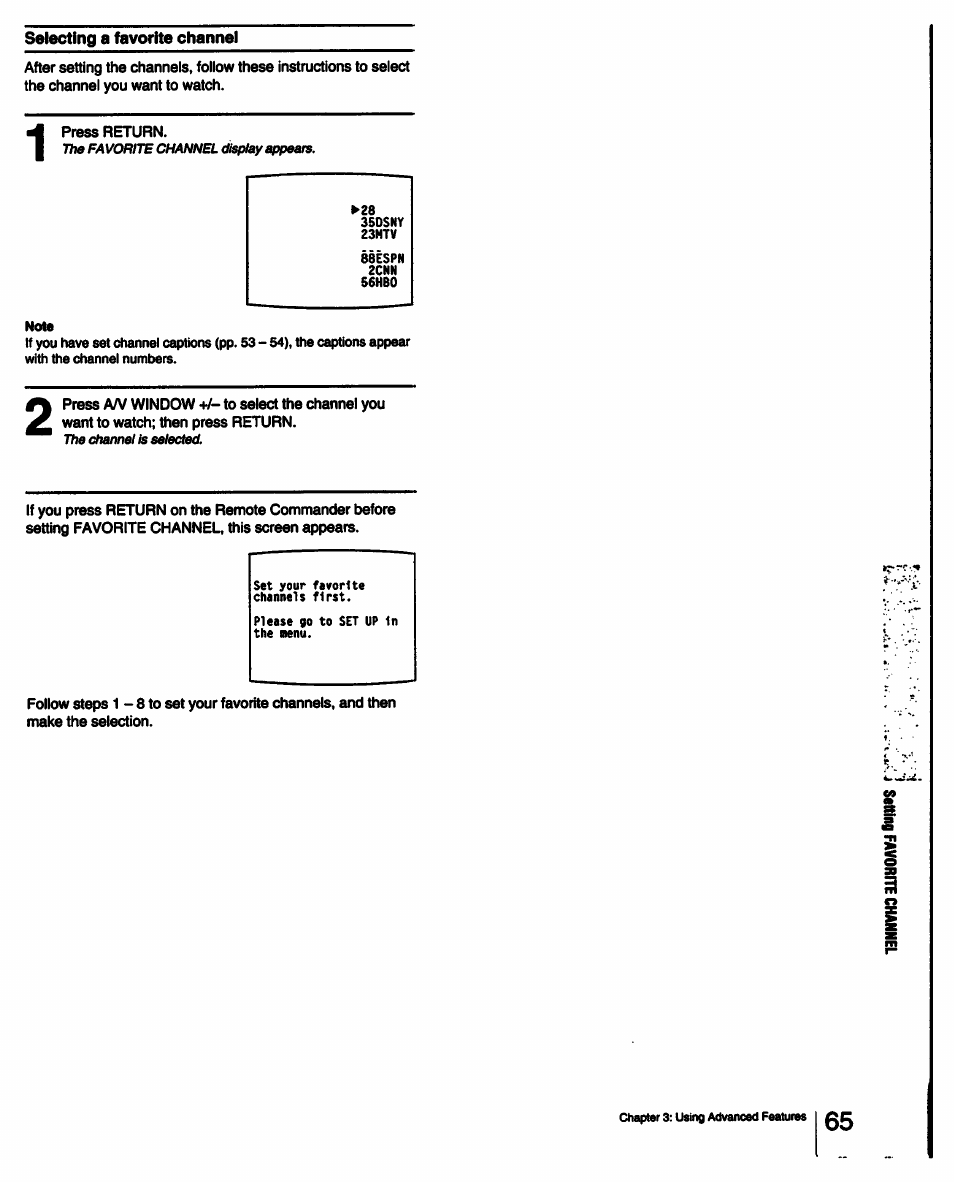 Selecting a favorite channel, Setting favorite channel | Sony KP-53V15 User Manual | Page 65 / 76