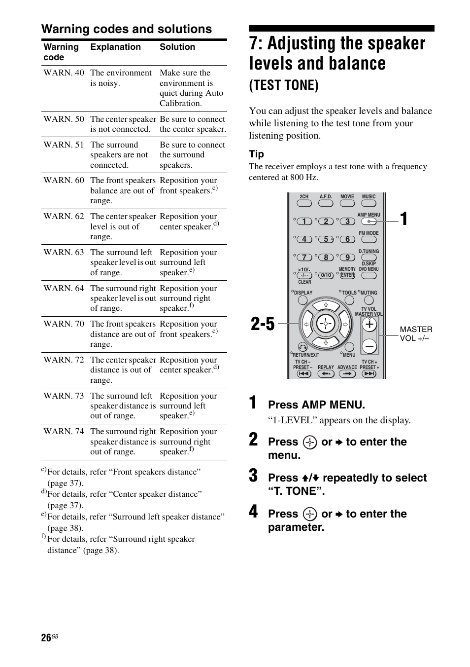 Adjusting the speaker levels and, Balance (test tone), Adjusting the speaker levels and balance | Test tone), Warning codes and solutions, Press amp menu, Press or b to enter the menu, Press v / v repeatedly to select “t. tone, Press or b to enter the parameter | Sony HT-DDW790 User Manual | Page 26 / 64