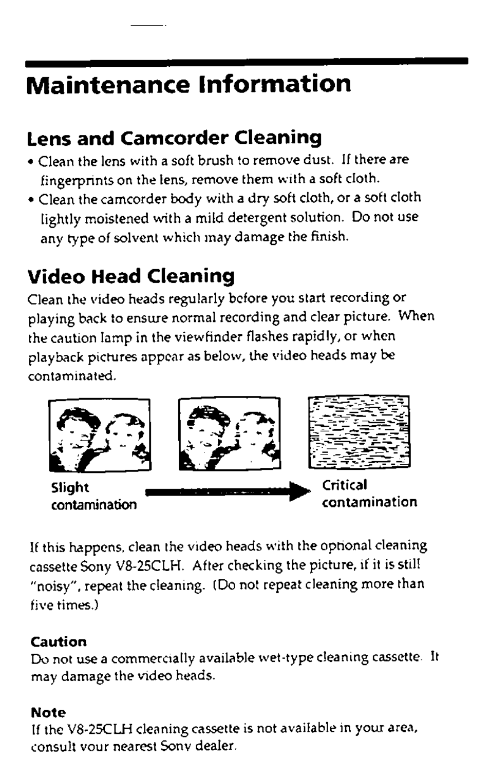 Maintenance information, Lens and camcorder cleaning, Video head cleaning | Caution, Note | Sony CCD-FX228 User Manual | Page 26 / 44