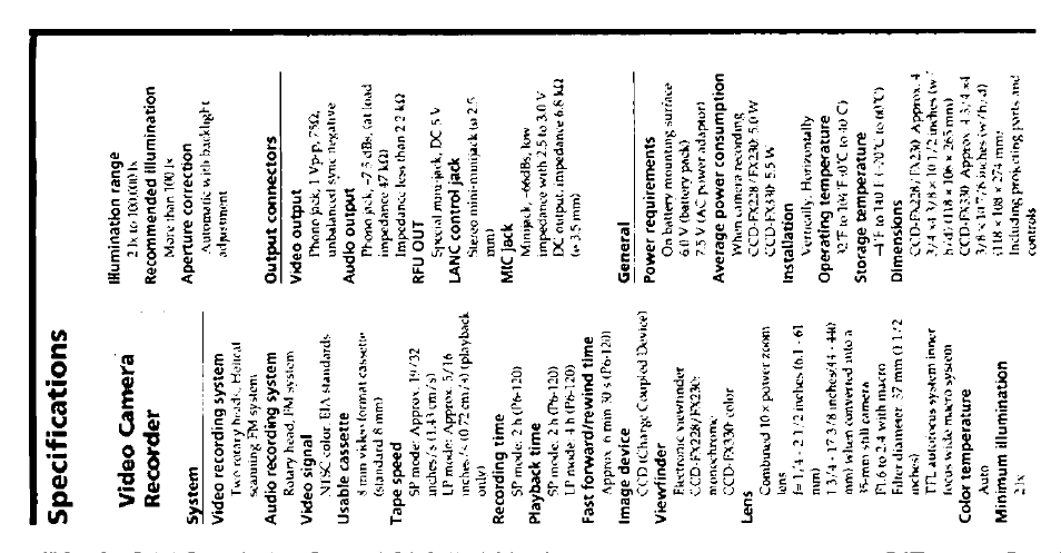 Specifications, Illumination range, Output connectors | Rfu out, General, Vídeo camera recorder | Sony CCD-FX228 User Manual | Page 32 / 44