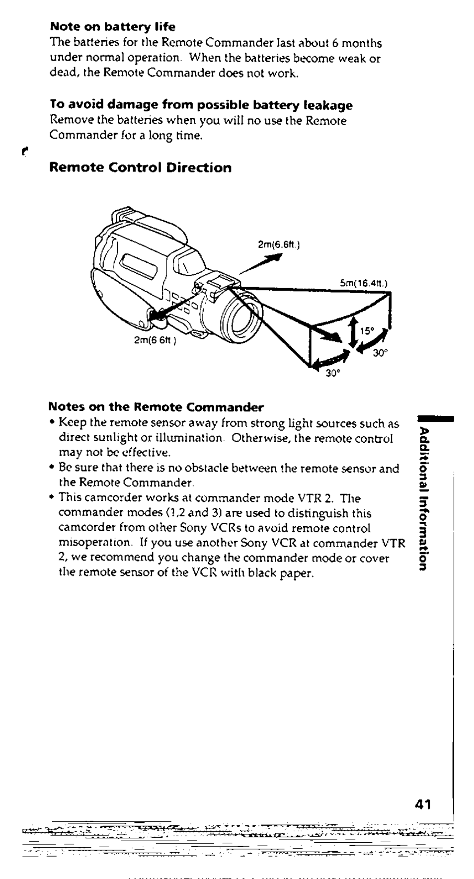 Note on battery life, To avoid damage from possible battery leakage, Notes on the remote commander | Sony CCD-FX228 User Manual | Page 41 / 44