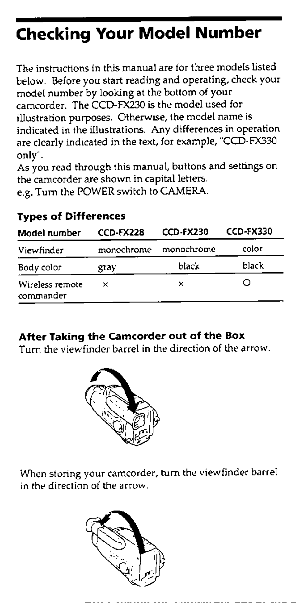 Checking your model number, Types of differences, After taking the camcorder out of the box | Sony CCD-FX228 User Manual | Page 6 / 44