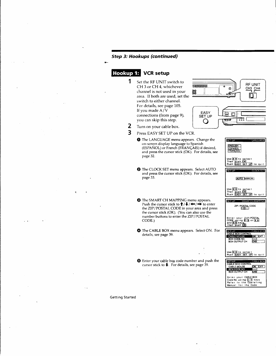 Hookup 1, Vcr setup, Hookup 1: vcr setup | Step 3: hookups (continued) | Sony SLV-M10HF User Manual | Page 12 / 117