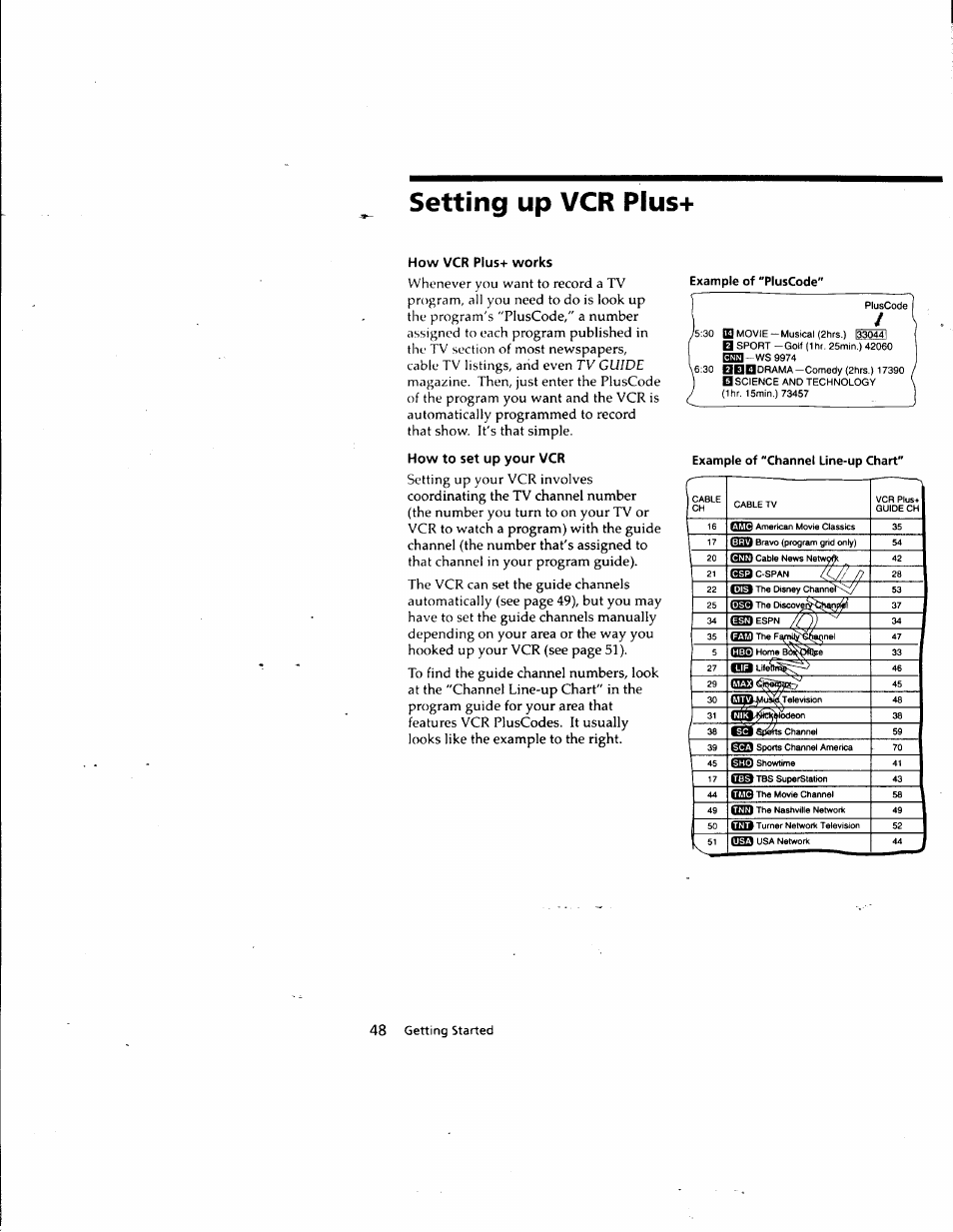 Setting up vcr plus, How vcr plus+ works, How to set up your vcr | Example of "pluscode | Sony SLV-M10HF User Manual | Page 48 / 117