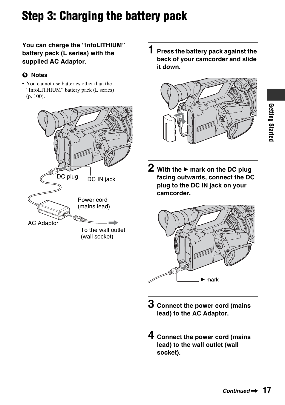 Step 3: charging the battery pack, 1) (p. 17), P. 17) | P. 17 | Sony HDR-AX2000 User Manual | Page 17 / 132