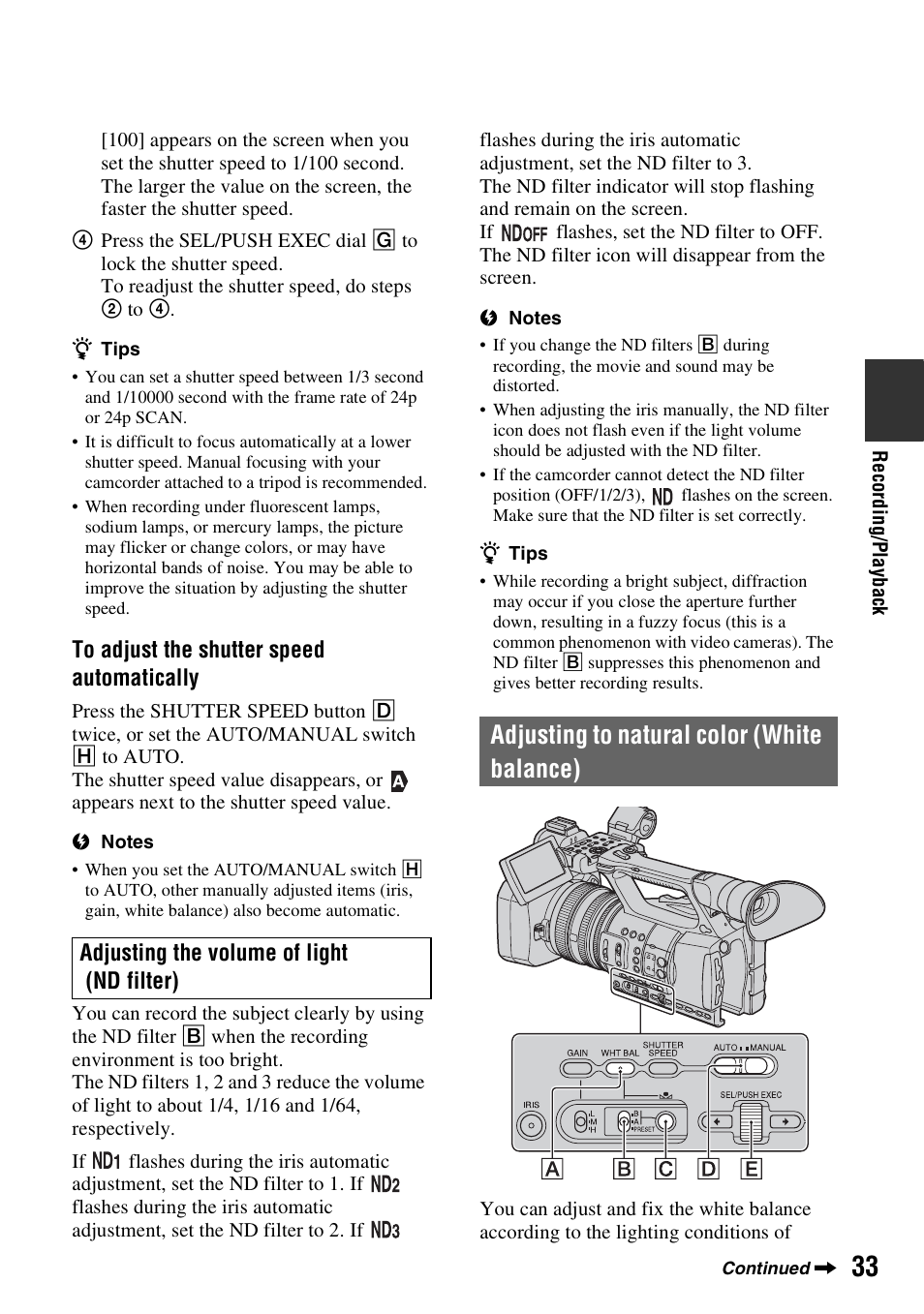 Adjusting to natural color (white balance), Adjusting the volume of light (nd filter) | Sony HDR-AX2000 User Manual | Page 33 / 132