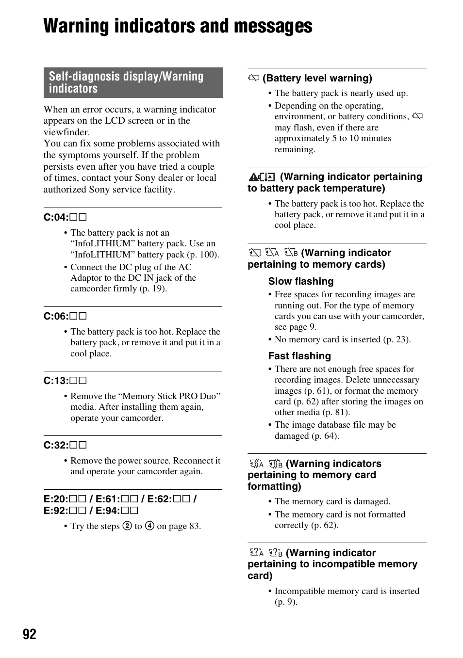 Warning indicators and messages, Self-diagnosis display/warning indicators | Sony HDR-AX2000 User Manual | Page 92 / 132