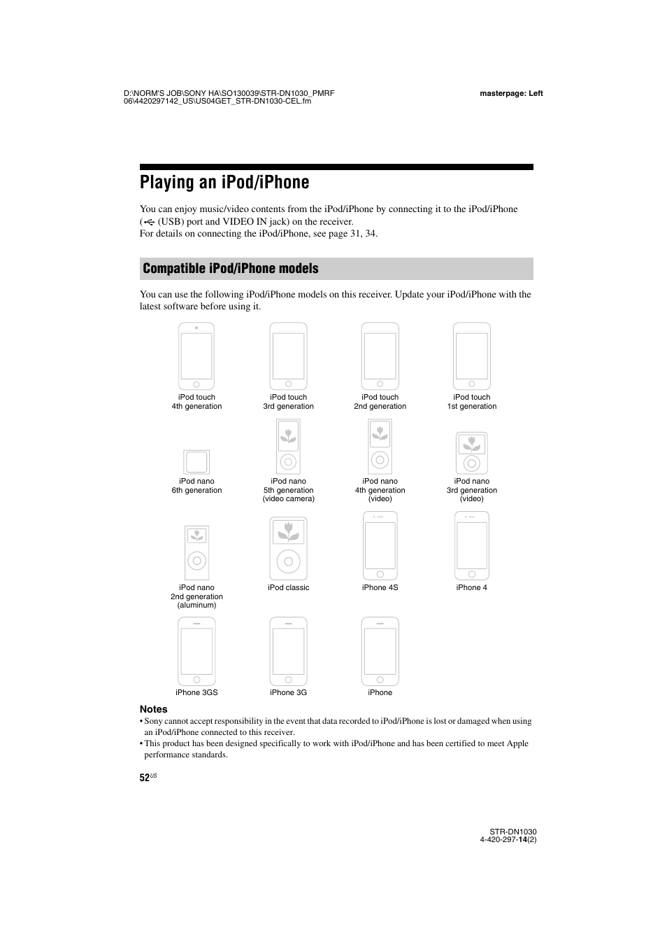 Playing an ipod/iphone, Compatible ipod/iphone models | Sony STR-DN1030 User Manual | Page 52 / 132