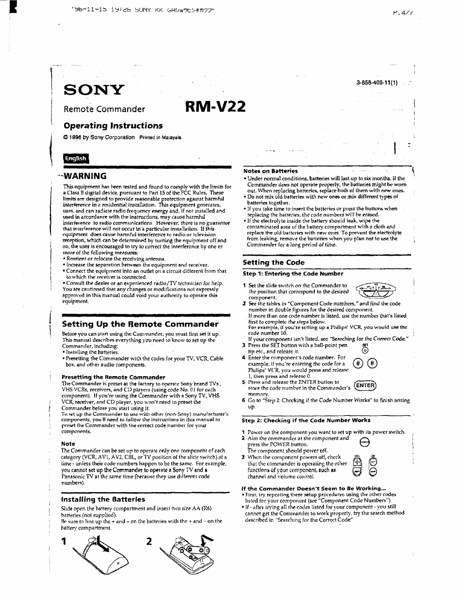 Sony RM-V22 User Manual | 6 pages