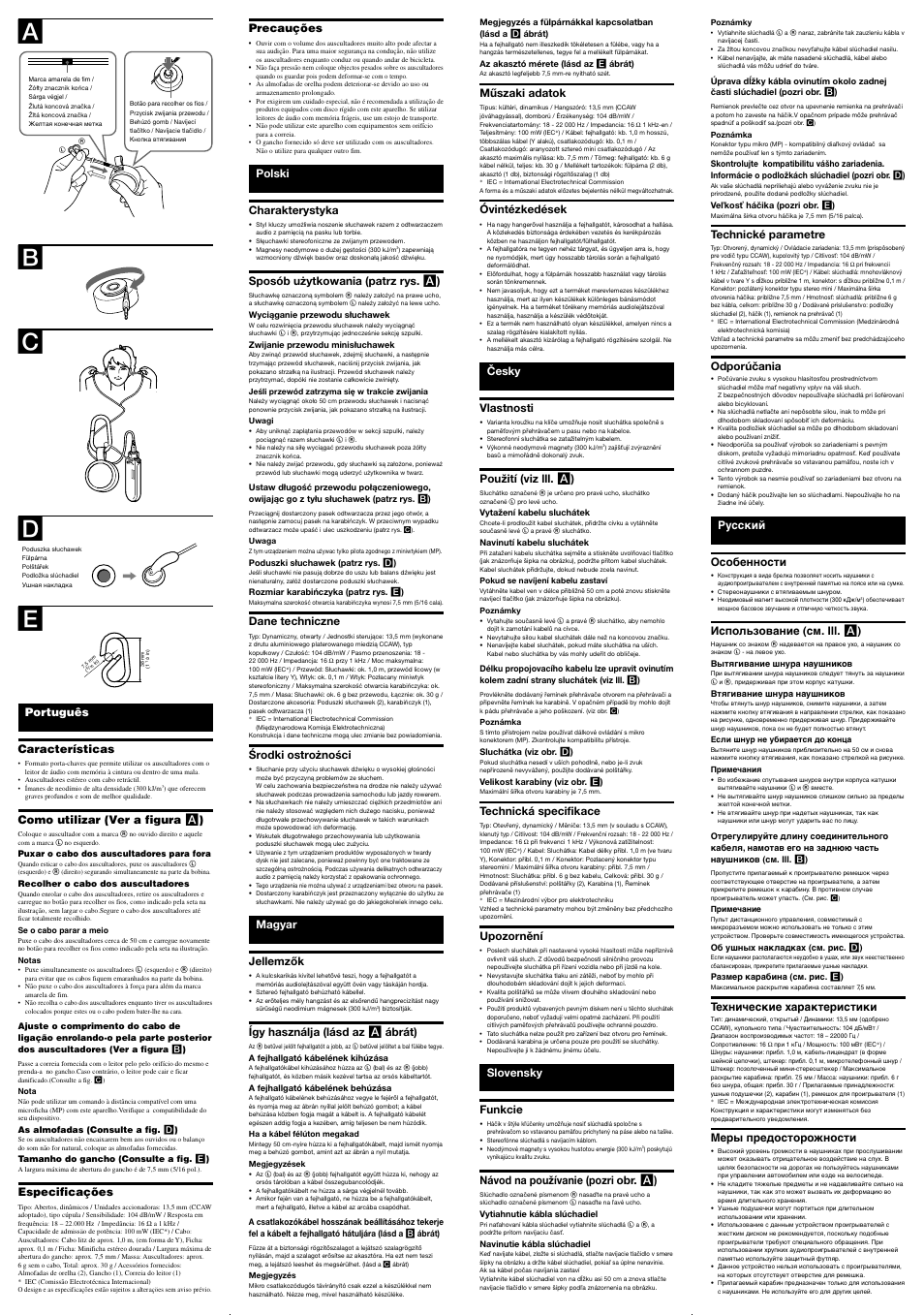 Bc d, Precauções, Polski charakterystyka | Sposób użytkowania (patrz rys. a ), Dane techniczne, Środki ostrożności, Magyar jellemzők, Így használja (lásd az a ábrát), Português características, Como utilizar (ver a figura a ) | Sony MDR-KE30LW User Manual | Page 2 / 2