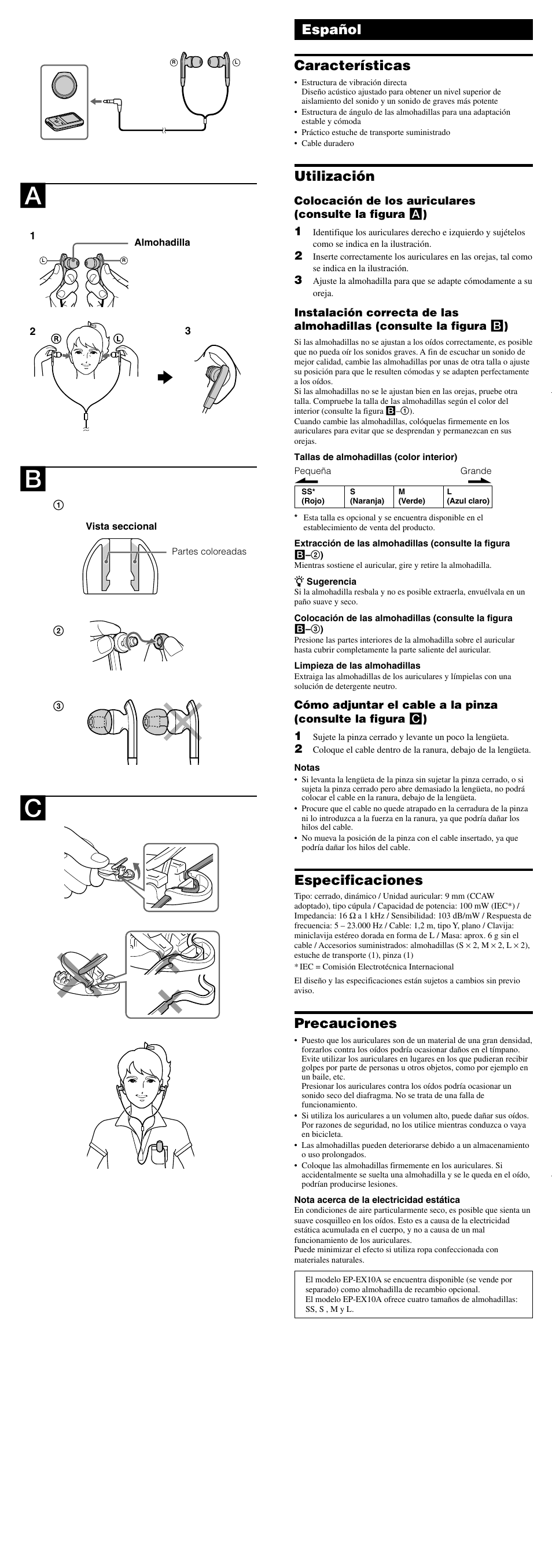 Español características, Utilización, Especificaciones | Precauciones | Sony MDR-XB20EX User Manual | Page 2 / 2
