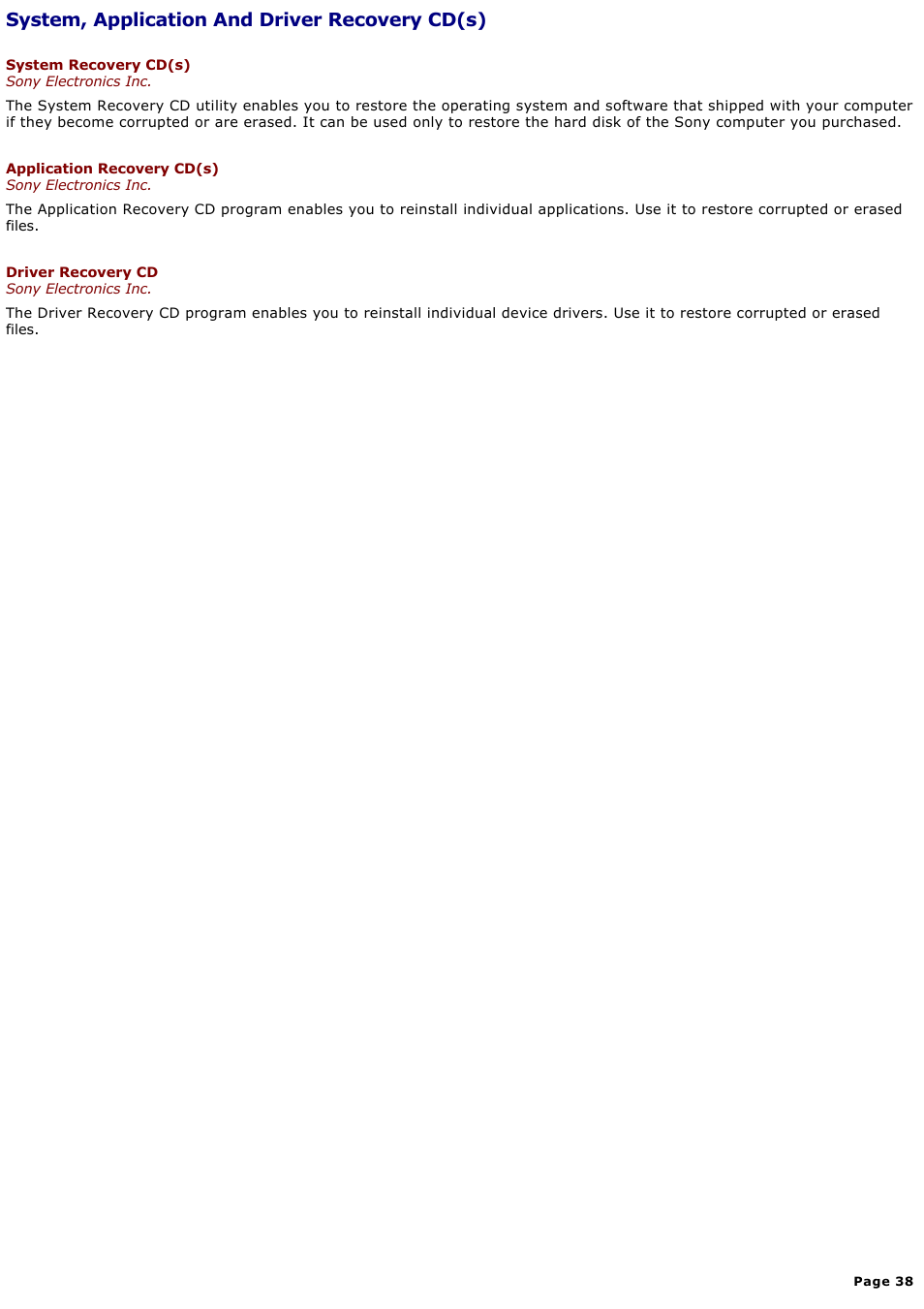 System, application and driver recovery cd(s) | Sony PCV-RX680G User Manual | Page 38 / 88