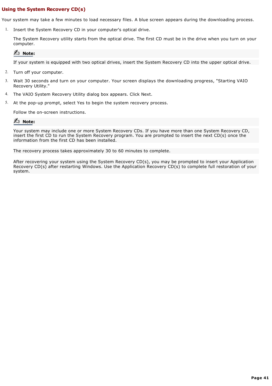 Using the system recovery cd(s) | Sony PCV-RX680G User Manual | Page 41 / 88