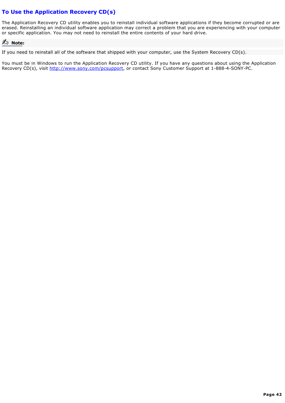 To use the application recovery cd(s) | Sony PCV-RX680G User Manual | Page 42 / 88