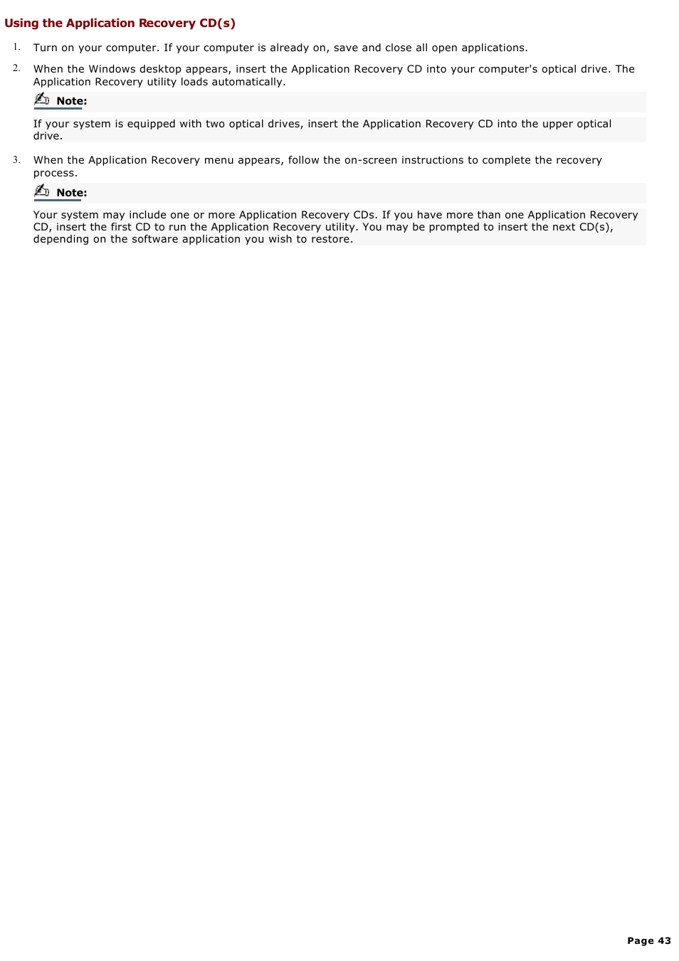 Using the application recovery cd(s) | Sony PCV-RX680G User Manual | Page 43 / 88