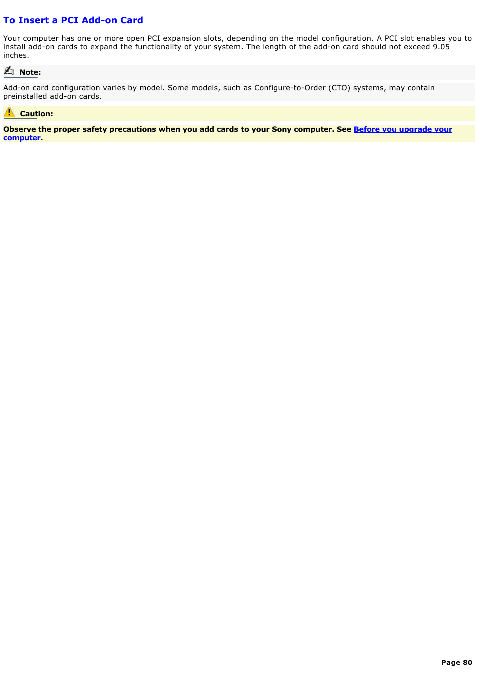 To insert a pci add-on card | Sony PCV-RX680G User Manual | Page 80 / 88