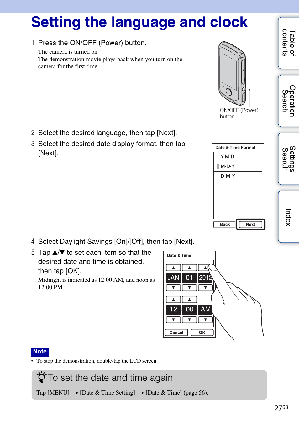 Setting the language and clock | Sony bloggie MHS-TS22 User Manual | Page 27 / 70