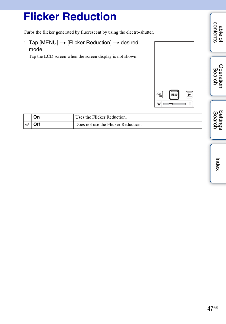 Flicker reduction | Sony bloggie MHS-TS22 User Manual | Page 47 / 70