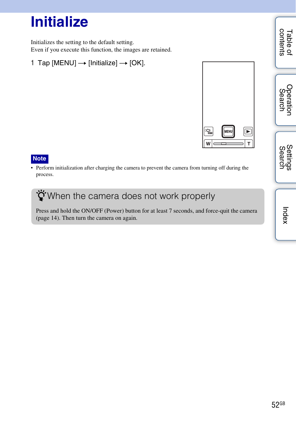 Initialize, When the camera does not work properly | Sony bloggie MHS-TS22 User Manual | Page 52 / 70