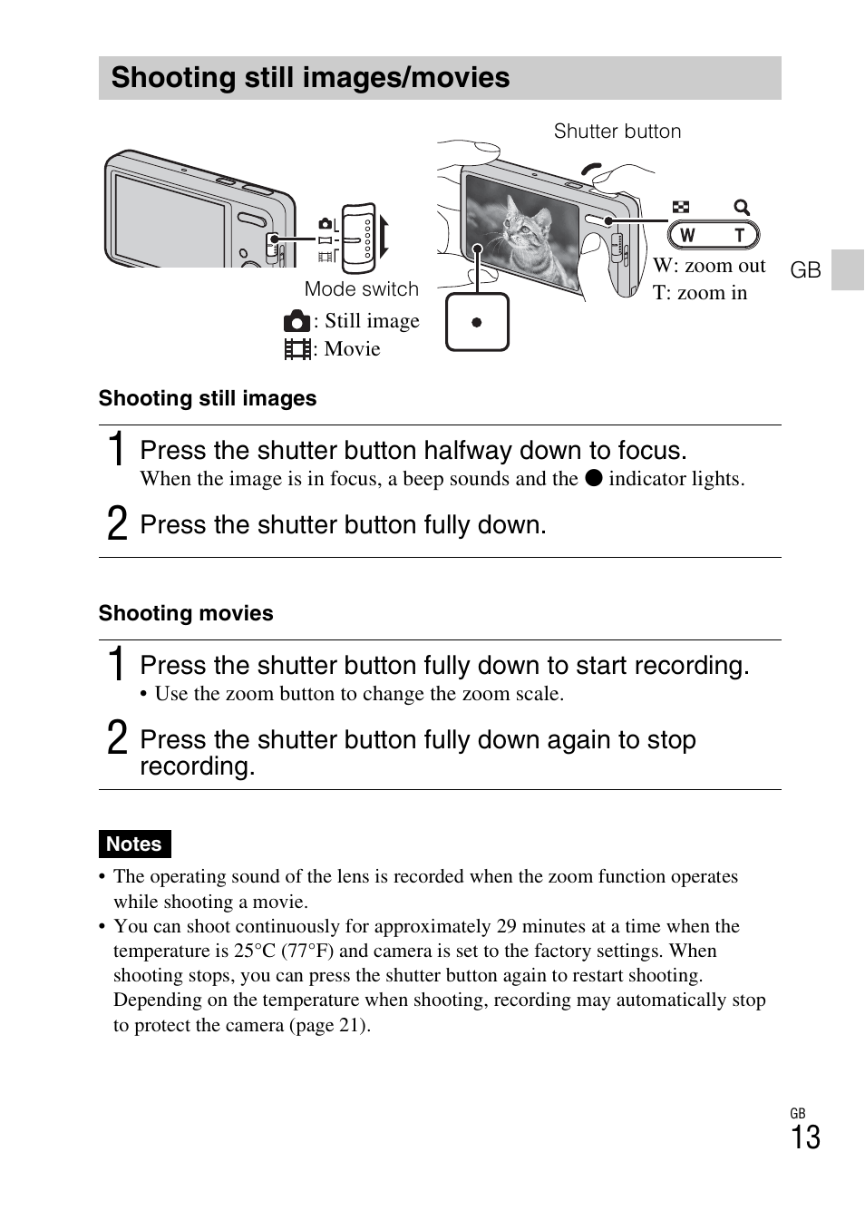 Shooting still images/movies | Sony DSC-W570 User Manual | Page 13 / 52
