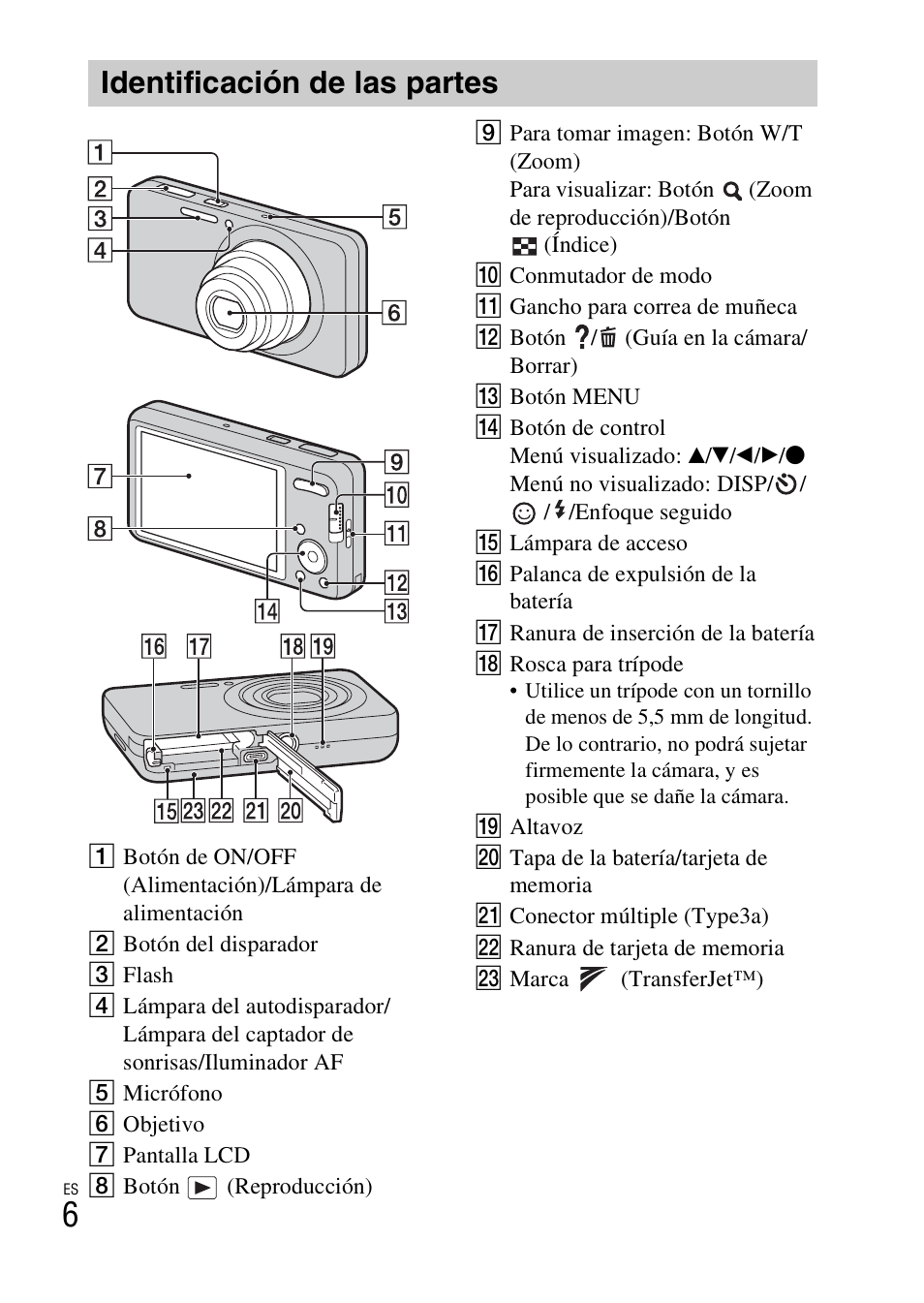Identificación de las partes | Sony DSC-W570 User Manual | Page 30 / 52