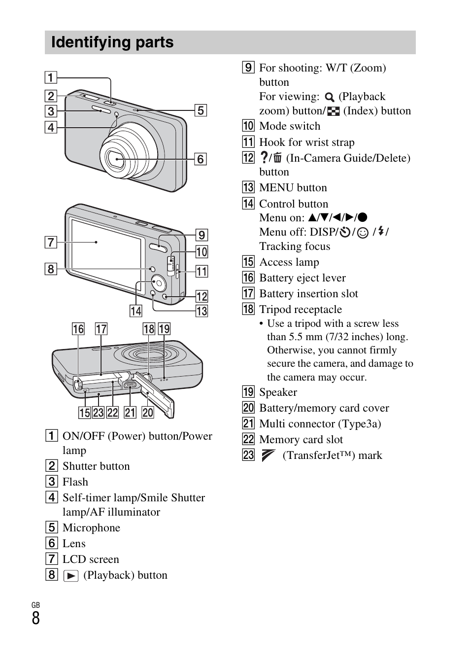 Identifying parts | Sony DSC-W570 User Manual | Page 8 / 52