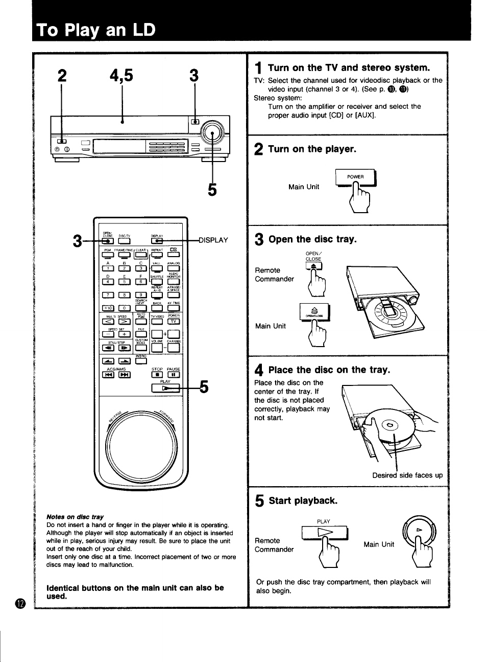 To play an ld, 1 turn on the tv and stereo system, Turn on the player | 3 open the disc tray, 4 place the disc on the tray, S s s, M co gd, N~l l~5~| |~6~| m m i~3~i, R+ioi m 1 i, Ro co o a | Sony MDP-333 User Manual | Page 12 / 39