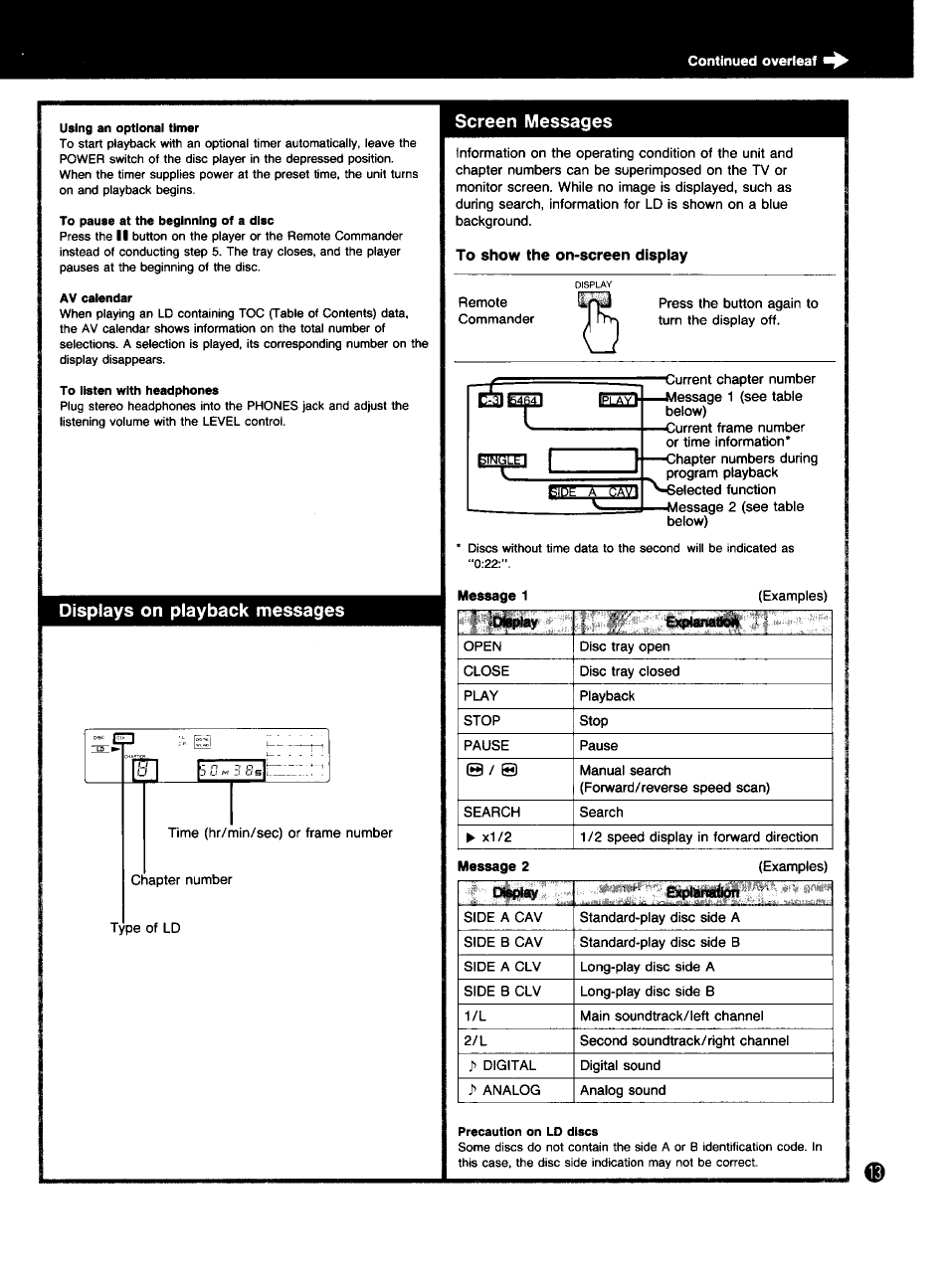 To show the on-screen display, Displays on playback messages, Screen messages | Message 1, Message 2 | Sony MDP-333 User Manual | Page 13 / 39