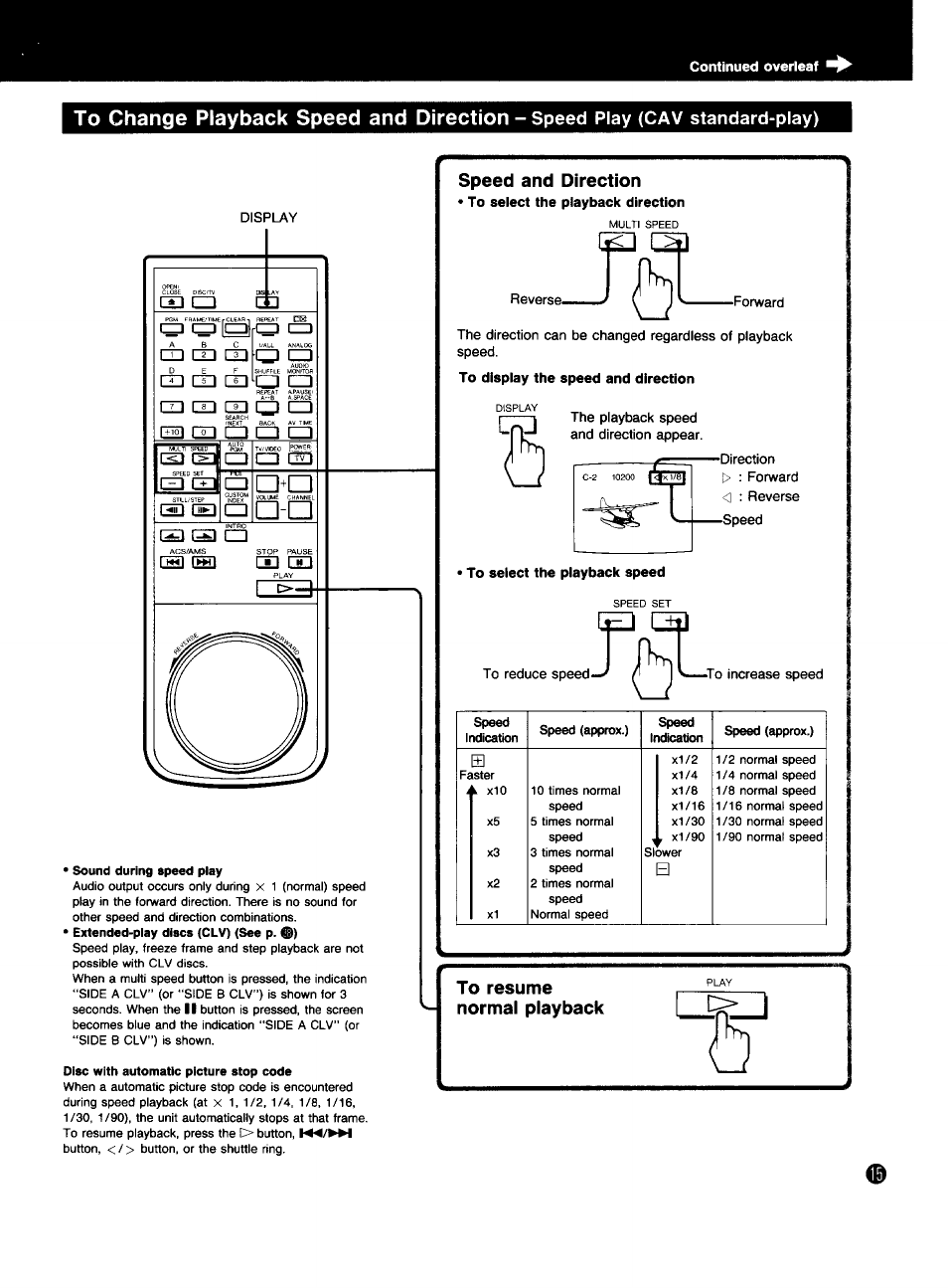 Speed and direction, To resume normal playback, Speed play (cav standard-play) | Sony MDP-333 User Manual | Page 15 / 39