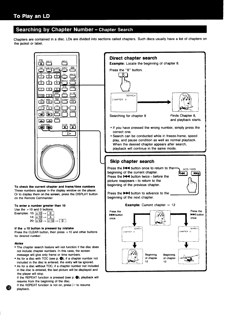 Skip chapter search, Searching by chapter number, Chapter search | Direct chapter search | Sony MDP-333 User Manual | Page 18 / 39