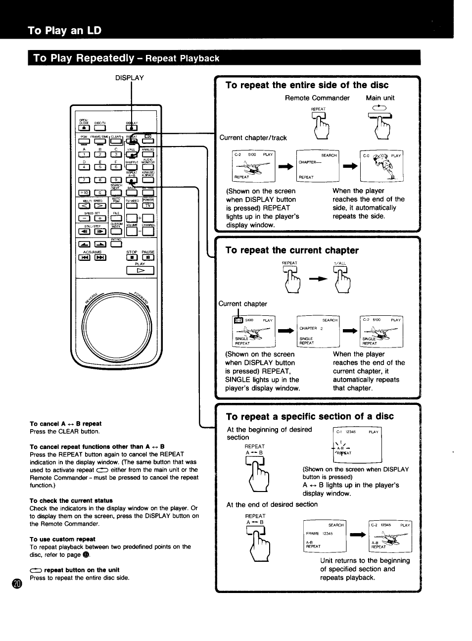 To play repeatedly - repeat playback, To repeat the entire side of the disc, To repeat a specific section of a disc | Sony MDP-333 User Manual | Page 20 / 39