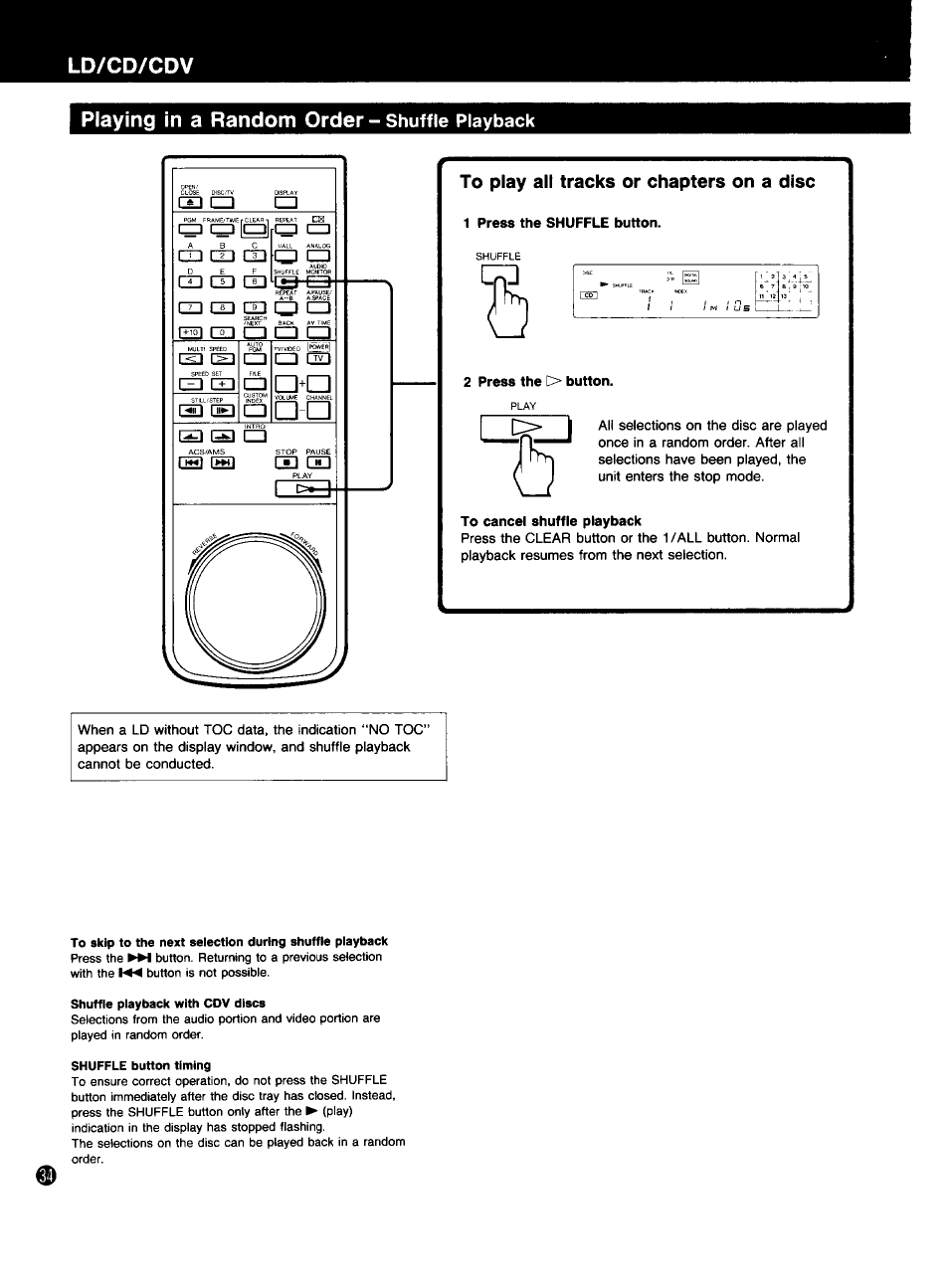 Playing in a random order, Shuffle playback | Sony MDP-333 User Manual | Page 34 / 39