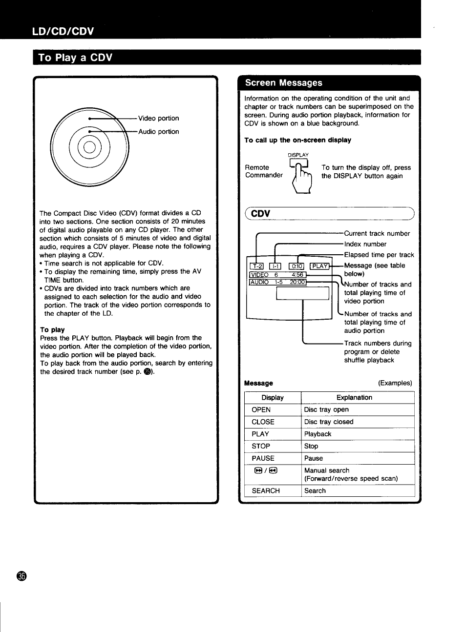 To play a cdv, To play a cd, Screen messages | Roio, Message | Sony MDP-333 User Manual | Page 36 / 39