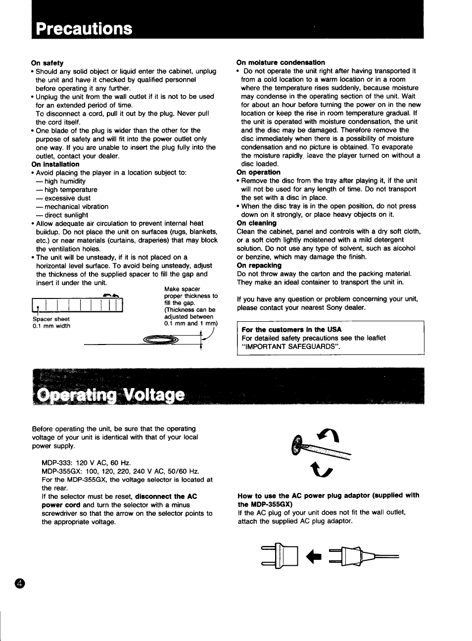 Precautions, Operating voltage | Sony MDP-333 User Manual | Page 4 / 39