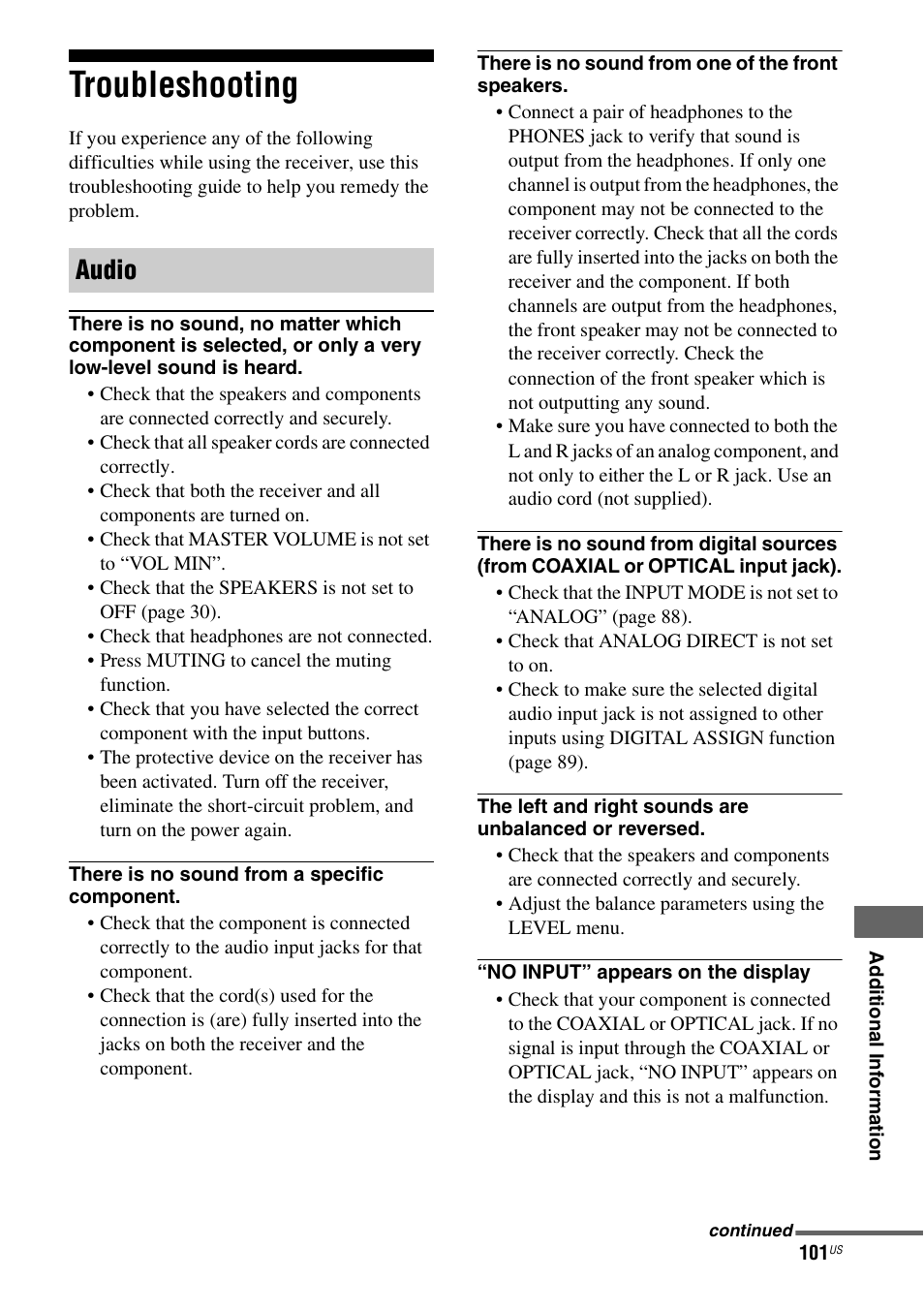 Troubleshooting, Audio | Sony STR-DH700 User Manual | Page 101 / 108