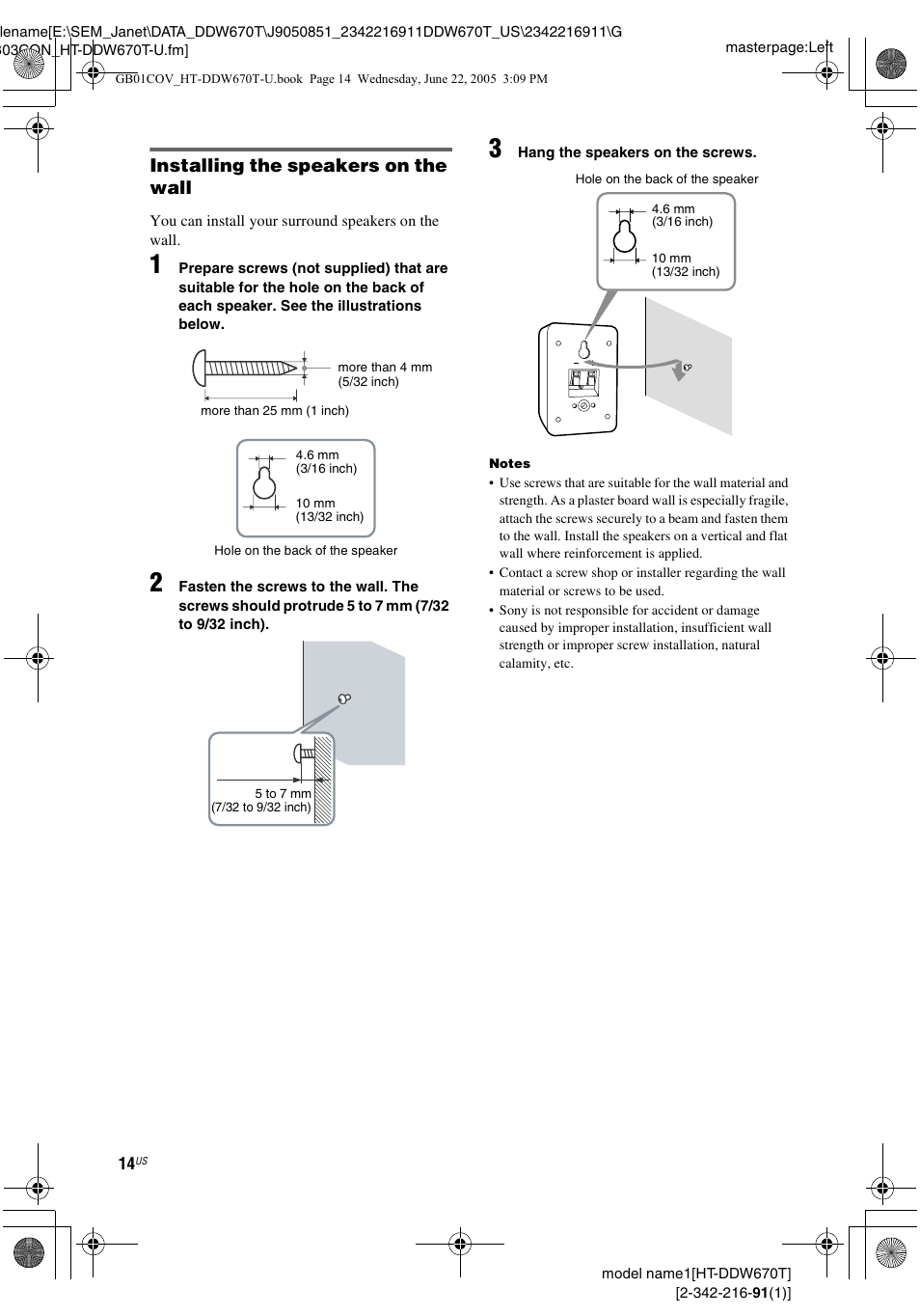 Installing the speakers on the wall | Sony HT-DDW670T User Manual | Page 14 / 44