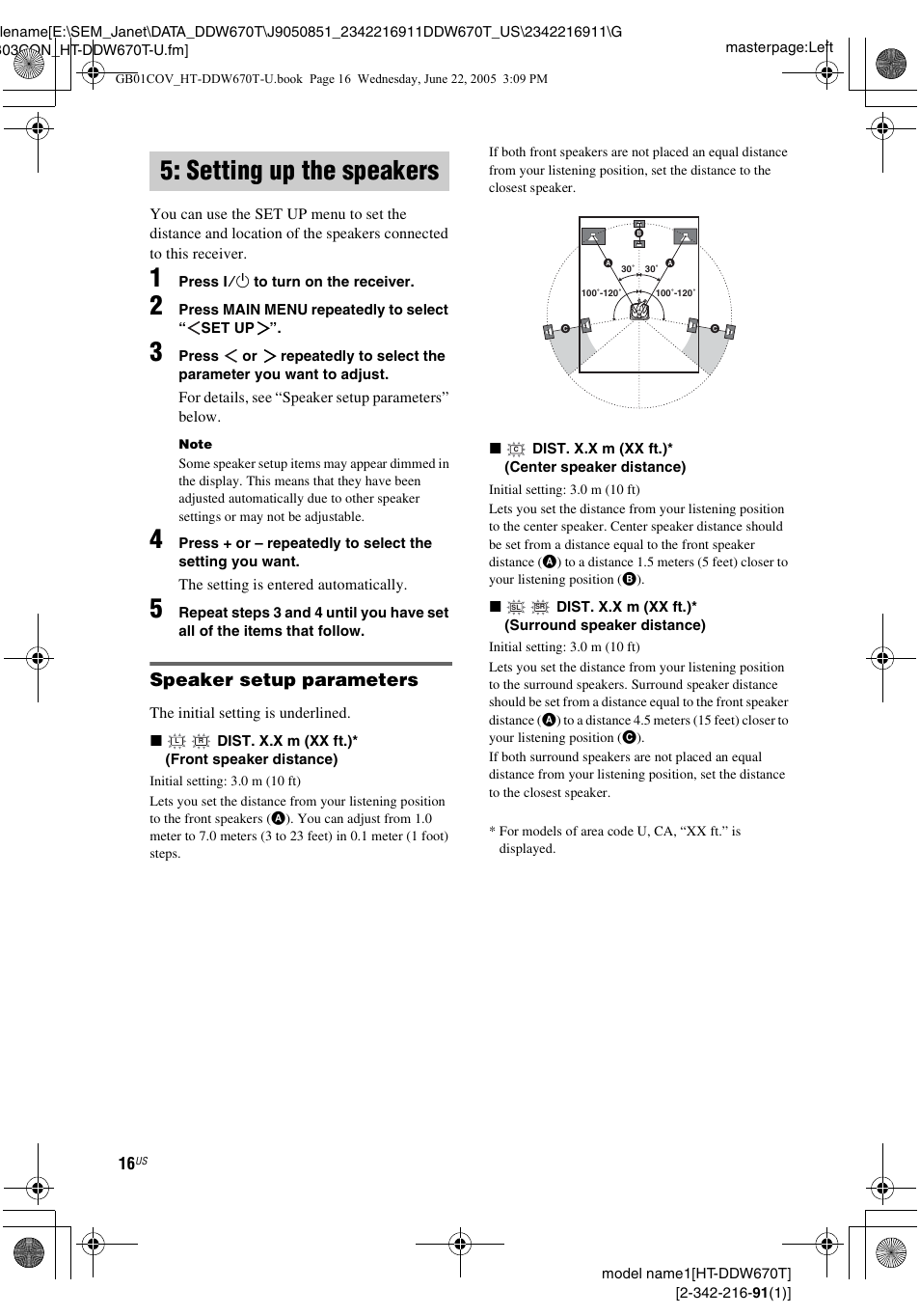 Setting up the speakers, Speaker setup parameters | Sony HT-DDW670T User Manual | Page 16 / 44