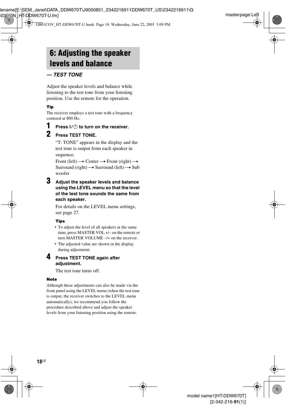 Adjusting the speaker levels and balance, Test tone, Adjusting the speaker levels and | Balance — test tone | Sony HT-DDW670T User Manual | Page 18 / 44