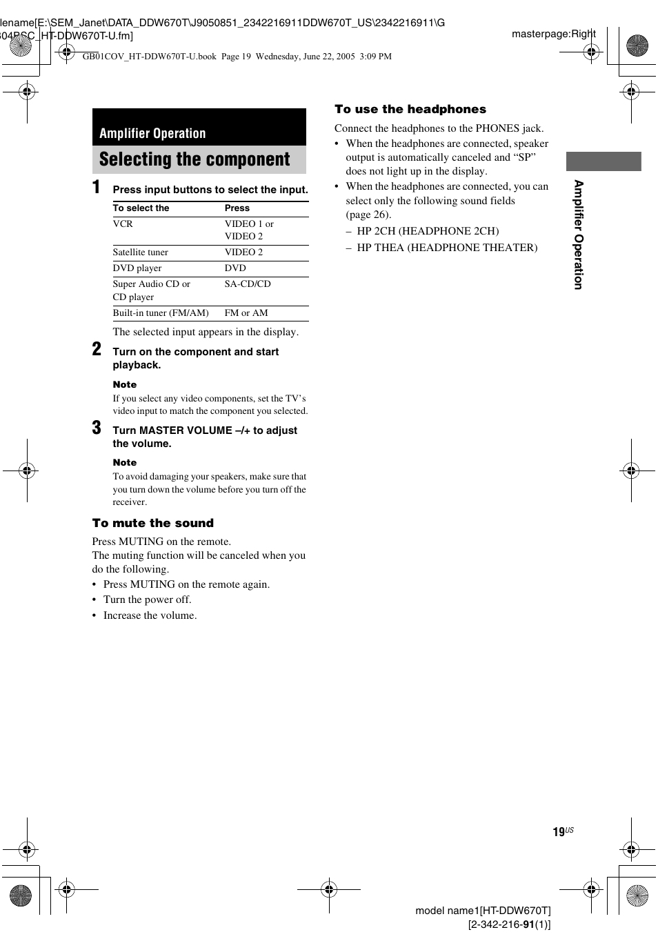 Amplifier operation, Selecting the component | Sony HT-DDW670T User Manual | Page 19 / 44