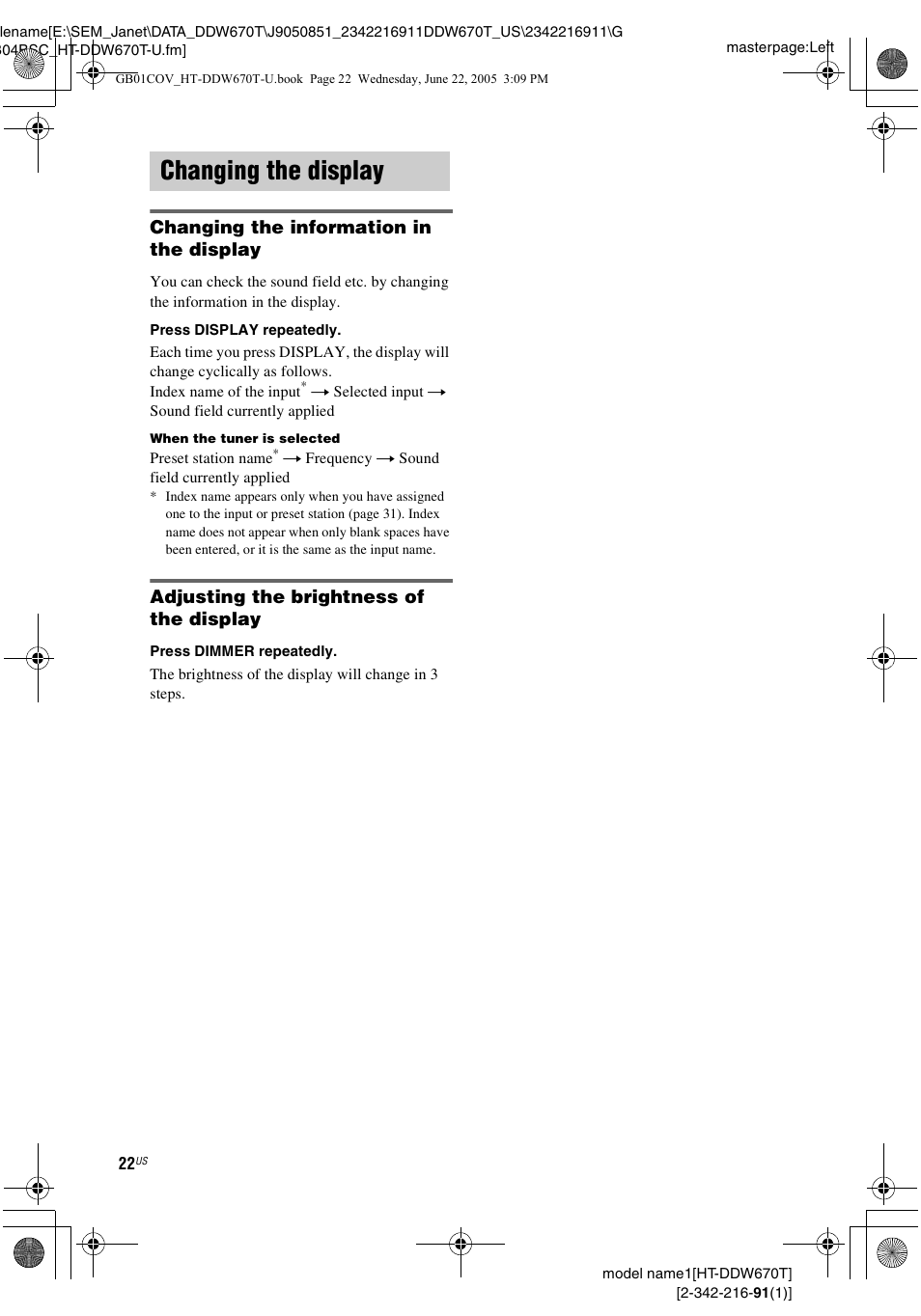 Changing the display, Changing the information in the display, Adjusting the brightness of the display | Sony HT-DDW670T User Manual | Page 22 / 44