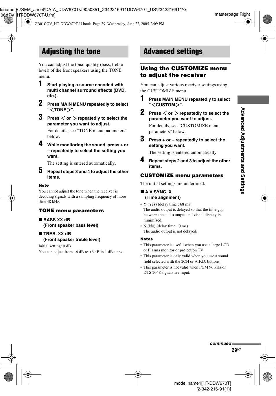 Adjusting the tone, Advanced settings, Adjusting the tone advanced settings | Sony HT-DDW670T User Manual | Page 29 / 44
