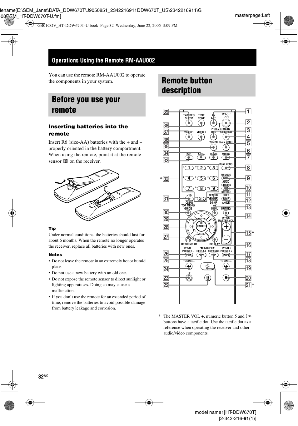 Operations using the remote rm-aau002, Before you use your remote, Remote button description | Inserting batteries into the remote | Sony HT-DDW670T User Manual | Page 32 / 44
