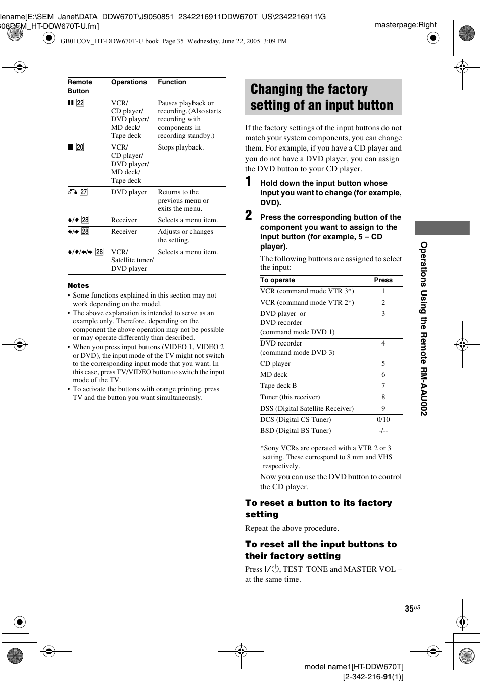 Changing the factory setting of an input button, Changing the factory setting of an, Input button | Sony HT-DDW670T User Manual | Page 35 / 44