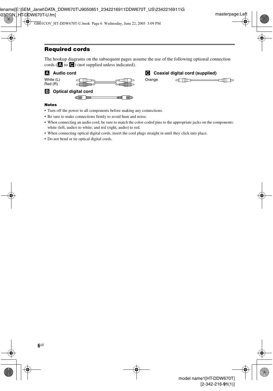 Required cords | Sony HT-DDW670T User Manual | Page 6 / 44