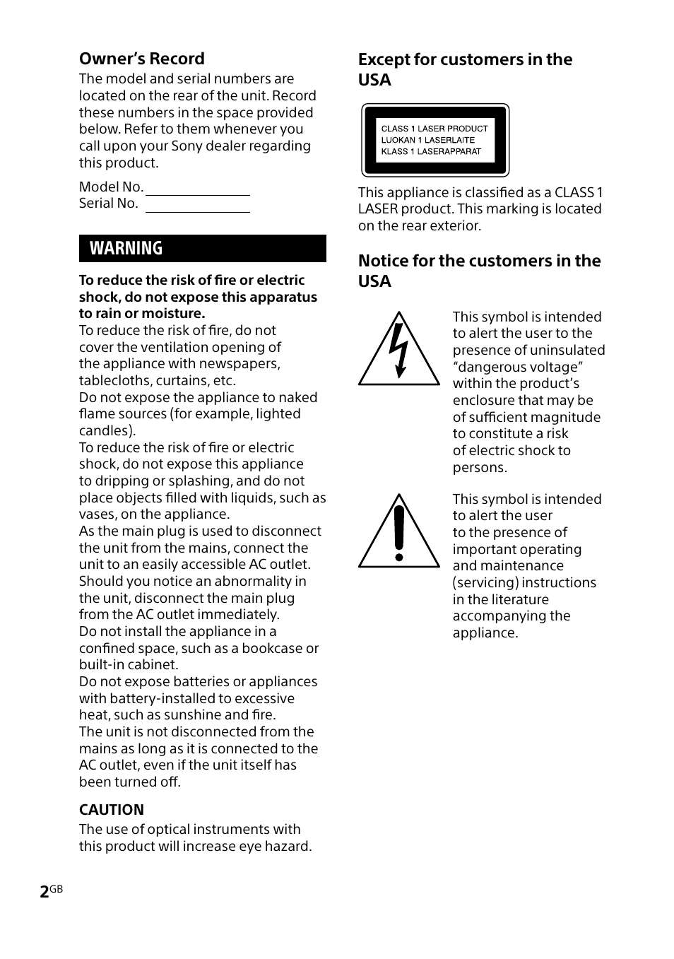 Warning | Sony MHC-V5 User Manual | Page 2 / 52