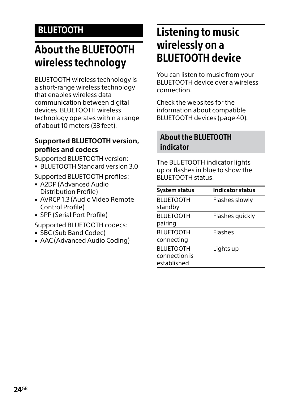 Bluetooth, About the bluetooth wireless technology, About the bluetooth | Wireless technology listening to music wirelessly, On a bluetooth device, About the bluetooth indicator | Sony MHC-V5 User Manual | Page 24 / 52